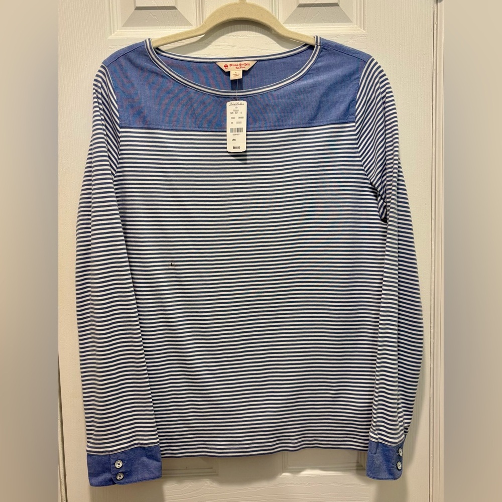 Brooks Brothers Blue and White Striped Long Sleeve Top Women’s L
